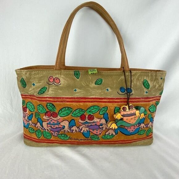 Sally Huss Bag Tote Life Is Wonderful FROG Satchel Tan Boho Festival - Picture 1 of 16
